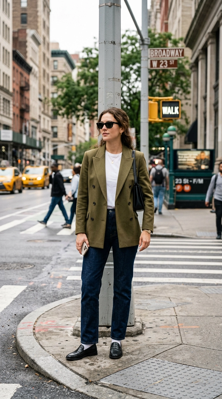 A woman standing on a street corner in NYC, wearing a perfectly tailored olive green double-breasted blazer over a white tee and straight-leg jeans. She is wearing dark sunglasses. Photorealistic luxury editorial fashion street style, shot on 35mm lens, highly detailed, ultra-realistic, soft natural lighting, editorial aesthetic. No text or typography. --ar 9:16