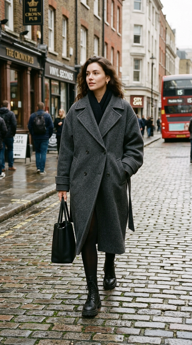 A woman wearing a heavy oversized charcoal wool coat and chunky leather boots, styled with premium 80 denier matte black opaque tights, standing on a cobblestone street in London, photorealistic luxury editorial fashion street style, shot on 35mm lens, highly detailed, ultra-realistic, soft natural lighting, editorial aesthetic, no text or typography --ar 9:16
