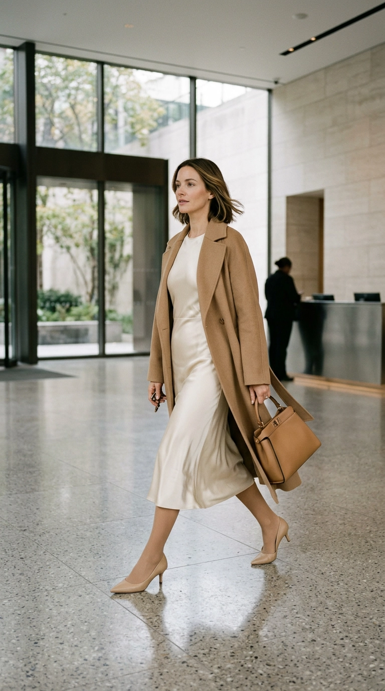 Close up of a chic woman in a cream silk dress and camel hair coat, wearing perfectly matched skin-tone sheer tights that are nearly invisible, walking through a minimalist modern lobby, photorealistic luxury editorial fashion street style, shot on 35mm lens, highly detailed, ultra-realistic, soft natural lighting, editorial aesthetic, no text or typography --ar 9:16