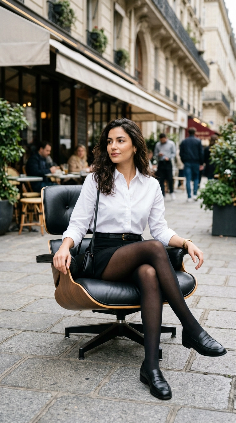Full body shot of a woman in a tailored black mini skirt and crisp white shirt, wearing perfectly fitted black opaque tights that are smooth at the ankles, sitting on a designer chair, photorealistic luxury editorial fashion street style, shot on 35mm lens, highly detailed, ultra-realistic, soft natural lighting, editorial aesthetic, no text or typography --ar 9:16