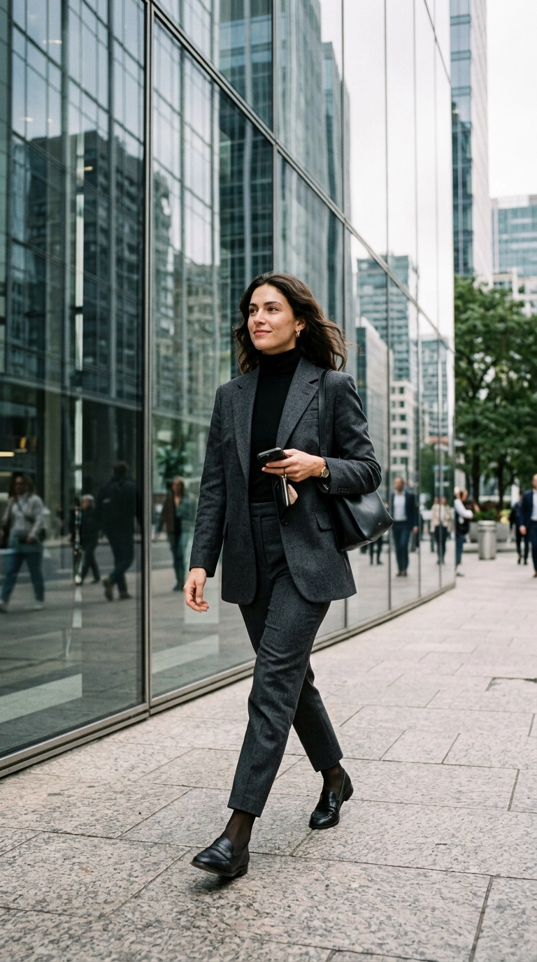 A woman wearing a charcoal grey wool suit, paired with elegant semi-matte black tights that have a soft satin finish, walking past a glass skyscraper, photorealistic luxury editorial fashion street style, shot on 35mm lens, highly detailed, ultra-realistic, soft natural lighting, editorial aesthetic, no text or typography --ar 9:16