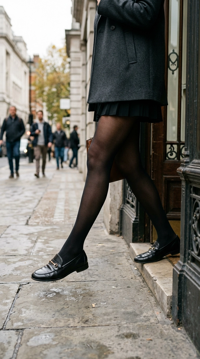 Close up of a woman’s legs in pristine, high-quality black tights, paired with polished leather loafers, stepping out of a building, photorealistic luxury editorial fashion street style, shot on 35mm lens, highly detailed, ultra-realistic, soft natural lighting, editorial aesthetic, no text or typography --ar 9:16