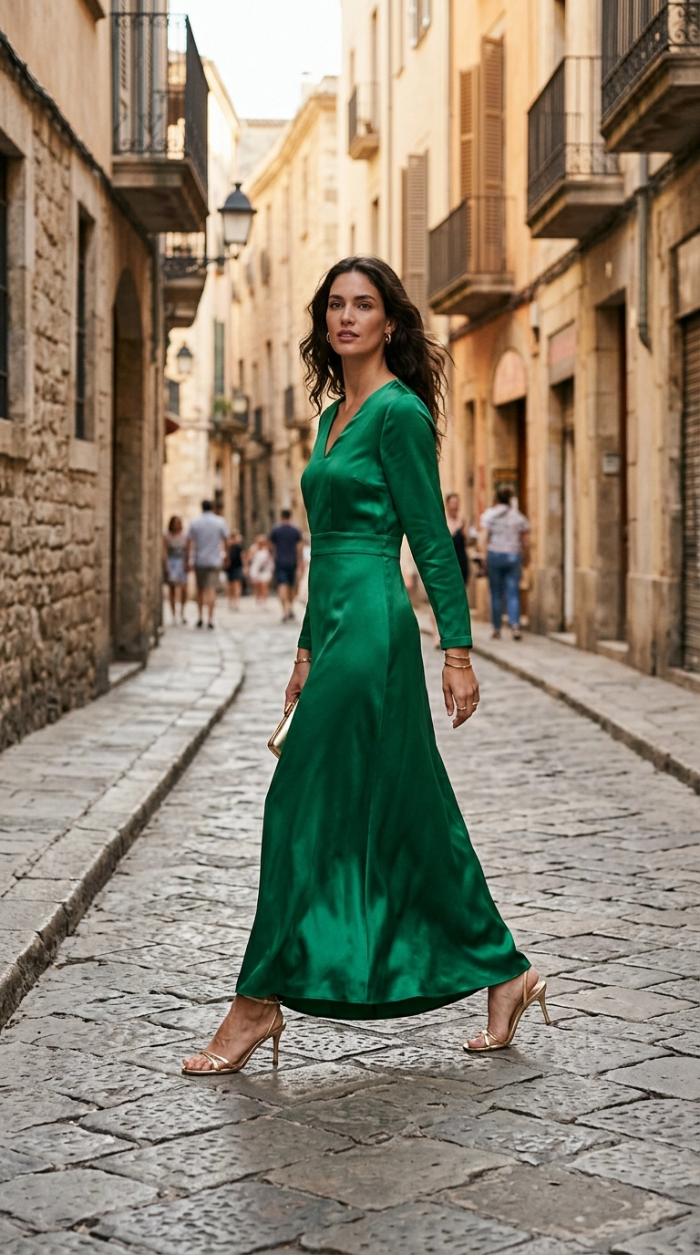 A tall woman walking down a cobblestone street wearing a floor-length emerald green silk maxi dress and sleek gold strappy sandals. The hem brushes exactly one inch above the ground. Photorealistic luxury editorial fashion street style, shot on 35mm lens, highly detailed, ultra-realistic, soft natural lighting, editorial aesthetic. No text or typography. --ar 9:16