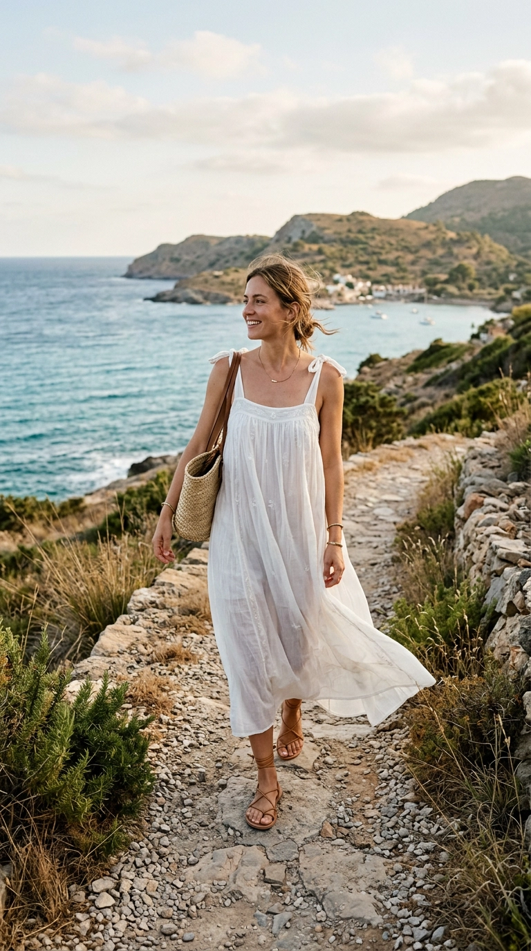 A woman wearing a light, sheer white cotton voile maxi dress paired with delicate tan leather flat sandals. The setting is a sun-drenched coastal path with a soft breeze. Photorealistic luxury editorial fashion street style, shot on 35mm lens, highly detailed, ultra-realistic, soft natural lighting, editorial aesthetic. No text or typography. --ar 9:16