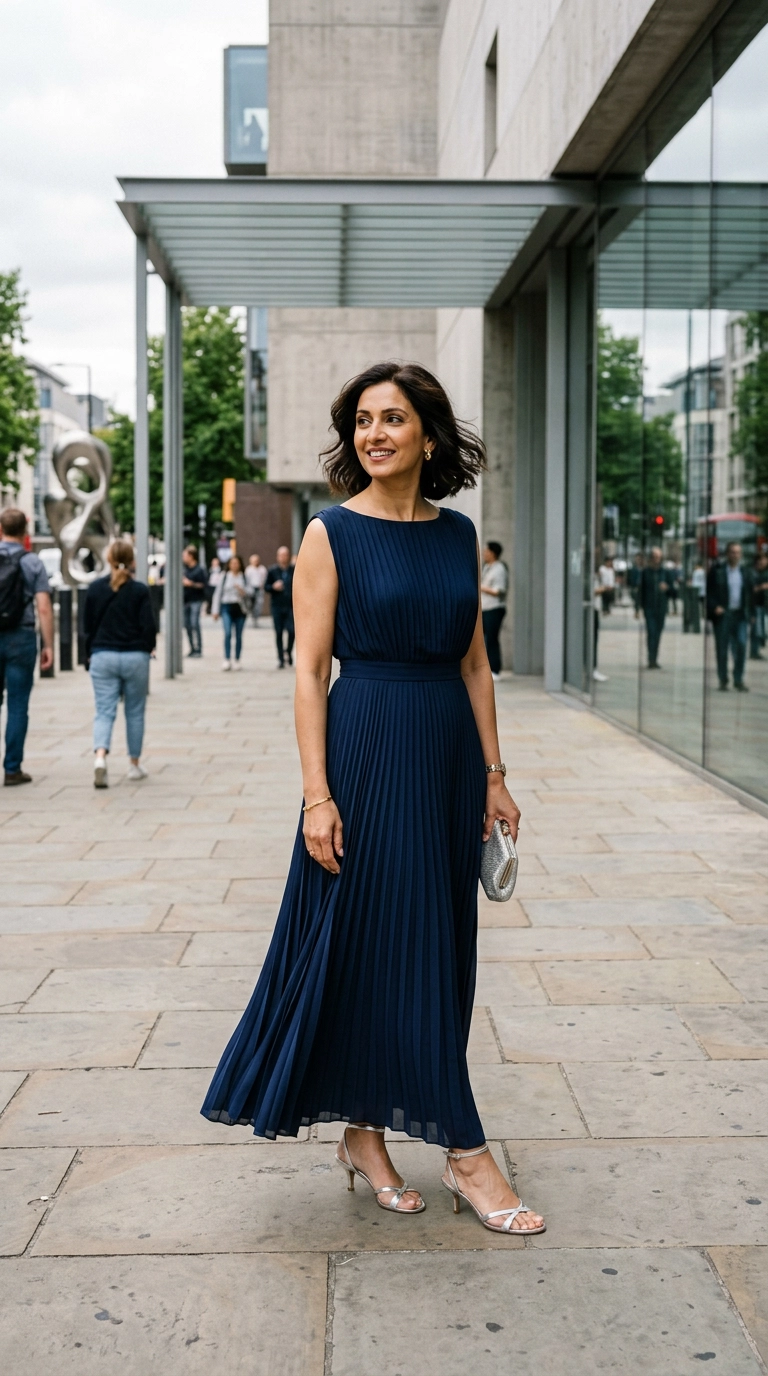 A woman wearing a sophisticated navy blue pleated maxi dress with elegant metallic kitten heel sandals. She is standing outside a modern art gallery in a metropolitan area. Photorealistic luxury editorial fashion street style, shot on 35mm lens, highly detailed, ultra-realistic, soft natural lighting, editorial aesthetic. No text or typography. --ar 9:16