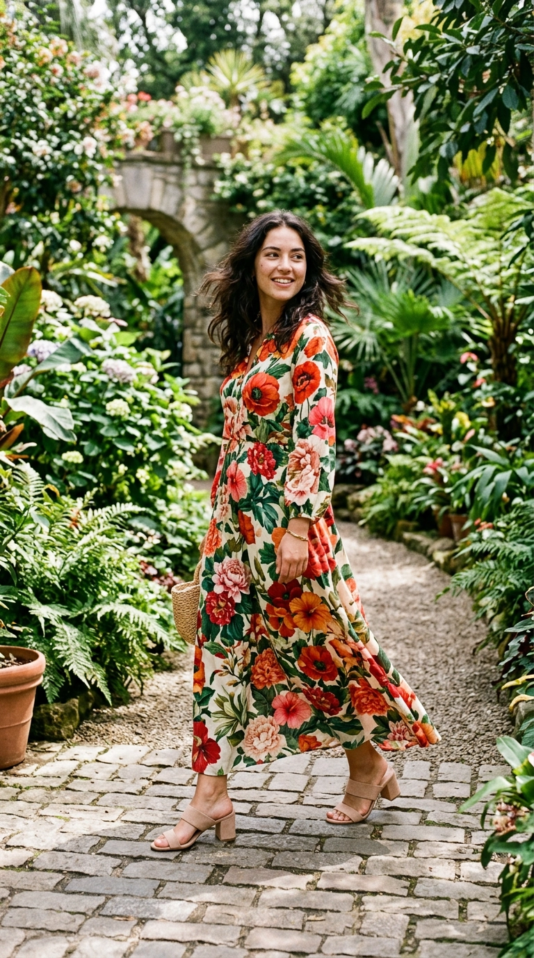 A woman wearing a bold floral print maxi dress in vibrant reds and oranges, paired with simple nude suede block-heel sandals. She is walking through a lush botanical garden. Photorealistic luxury editorial fashion street style, shot on 35mm lens, highly detailed, ultra-realistic, soft natural lighting, editorial aesthetic. No text or typography. --ar 9:16