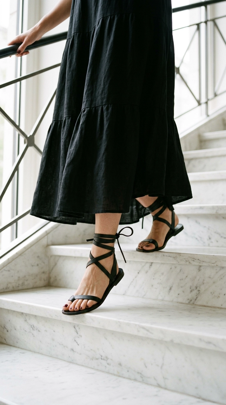 Close up shot of feet in high-end minimalist black leather wrap-around sandals paired with a tiered black linen maxi dress. The background is a clean white marble staircase. Photorealistic luxury editorial fashion street style, shot on 35mm lens, highly detailed, ultra-realistic, soft natural lighting, editorial aesthetic. No text or typography. --ar 9:16