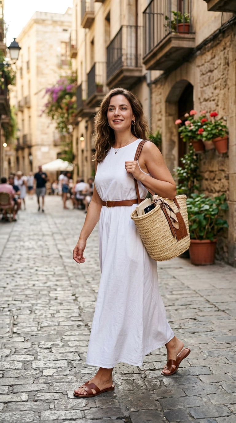 A woman in a crisp white maxi dress with a slim brown leather belt and matching brown leather slide sandals. She is carrying a brown woven tote bag. Photorealistic luxury editorial fashion street style, shot on 35mm lens, highly detailed, ultra-realistic, soft natural lighting, editorial aesthetic. No text or typography. --ar 9:16