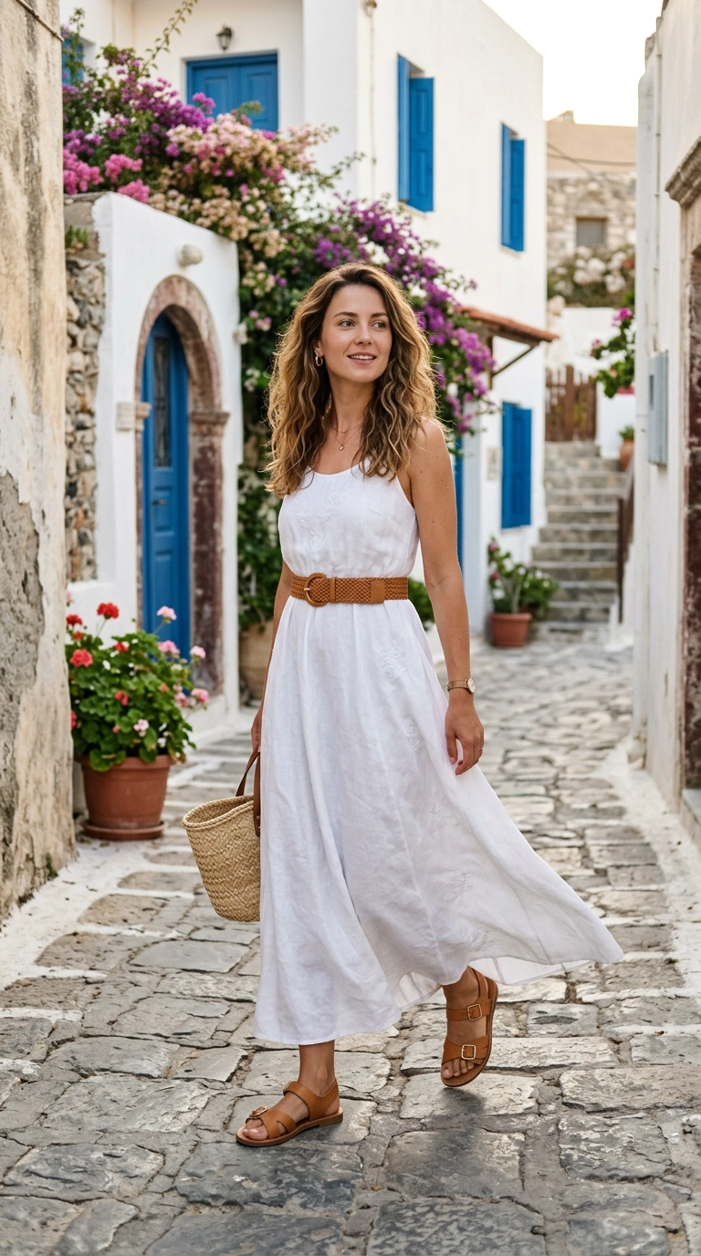 A woman wearing a chic high-waisted belt over a flowy white maxi dress, paired with supportive tan leather sandals. She is exploring a Mediterranean village. Photorealistic luxury editorial fashion street style, shot on 35mm lens, highly detailed, ultra-realistic, soft natural lighting, editorial aesthetic. No text or typography. --ar 9:16