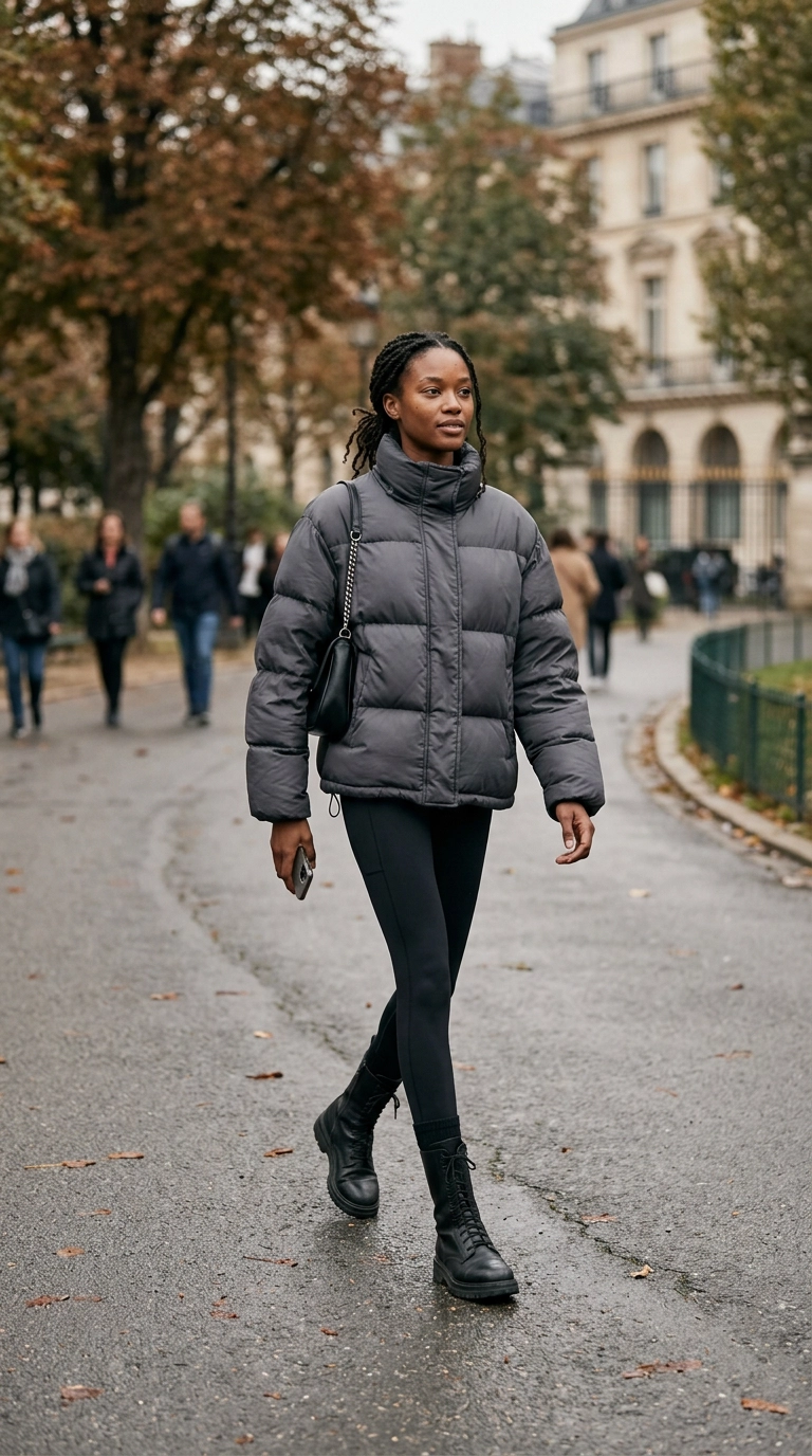 Photorealistic luxury editorial fashion street style, shot on 35mm lens, highly detailed, ultra-realistic, soft natural lighting, editorial aesthetic. A model wearing a voluminous charcoal puffer jacket balanced with sleek, black leggings and high-end leather boots, walking in a city park, full-body shot, no text or typography, believable anatomy, realistic skin texture --ar 9:16