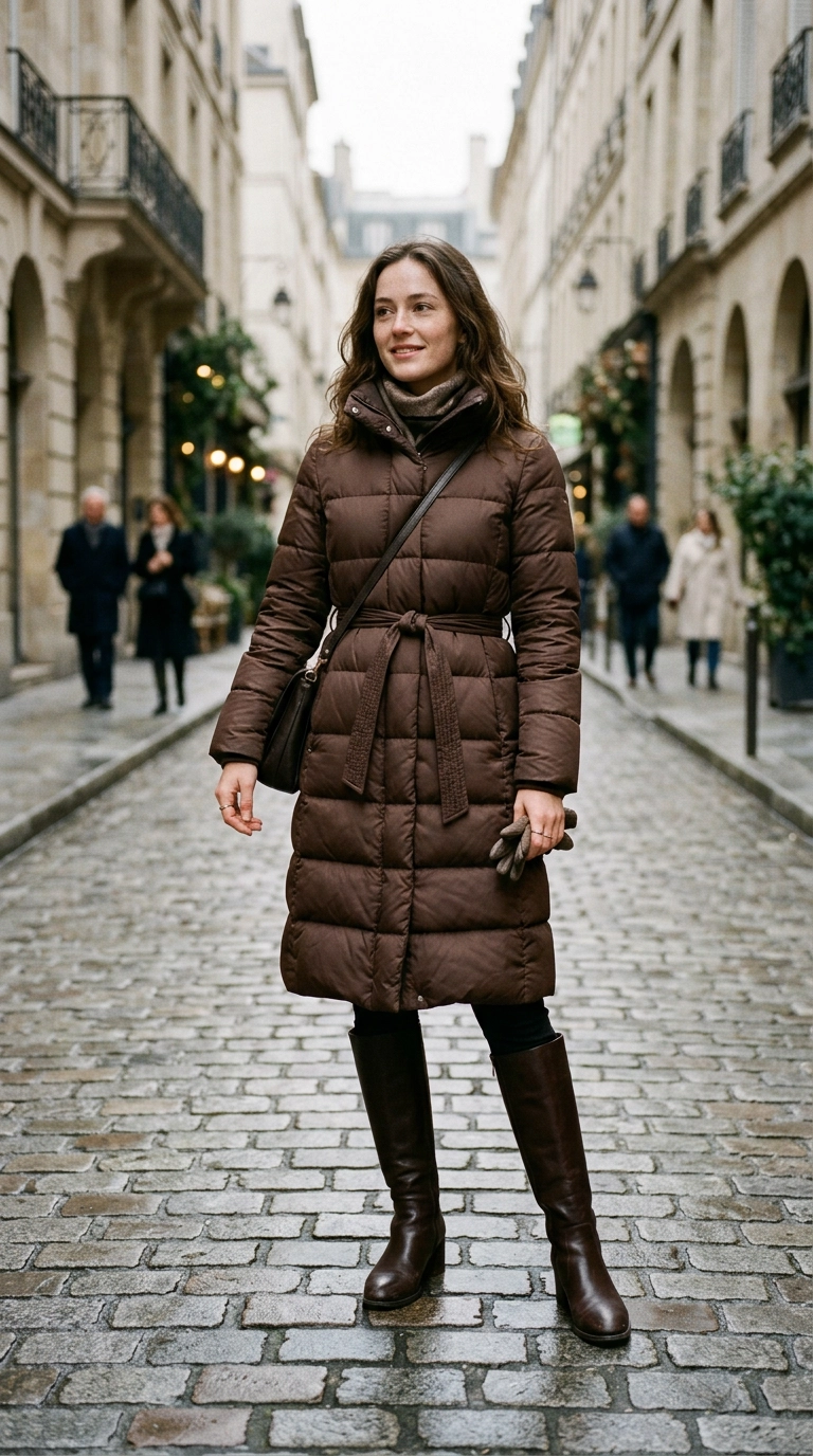 Photorealistic luxury editorial fashion street style, shot on 35mm lens, highly detailed, ultra-realistic, soft natural lighting, editorial aesthetic. A woman wearing a long chocolate brown belted puffer coat cinched tightly at the waist, paired with elegant knee-high boots, standing on a cobblestone street, soft winter light, no text or typography --ar 9:16