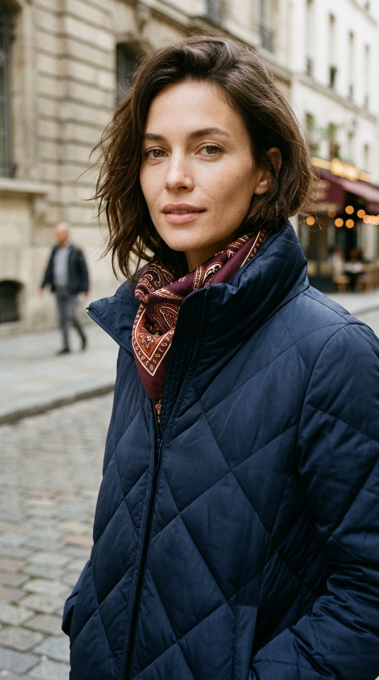 Photorealistic luxury editorial fashion street style, shot on 35mm lens, highly detailed, ultra-realistic, soft natural lighting, editorial aesthetic. Close up shot of a woman in a designer navy puffer jacket with sophisticated diamond quilting, paired with a silk scarf, urban background, no text or typography, realistic skin texture --ar 9:16