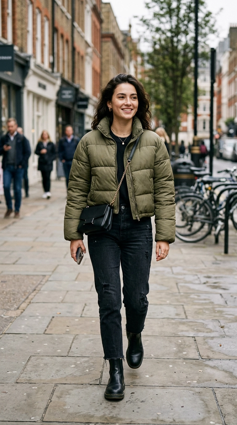 Photorealistic luxury editorial fashion street style, shot on 35mm lens, highly detailed, ultra-realistic, soft natural lighting, editorial aesthetic. A petite woman in a perfectly proportioned cropped olive green puffer, styled with high-waisted black denim, city sidewalk background, no text or typography --ar 9:16