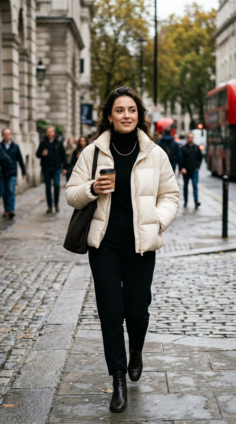 Photorealistic luxury editorial fashion street style, shot on 35mm lens, highly detailed, ultra-realistic, soft natural lighting, editorial aesthetic. A woman wearing a thin black cashmere turtleneck layered under a structured cream puffer jacket, holding a coffee cup, city street background, no text or typography --ar 9:16