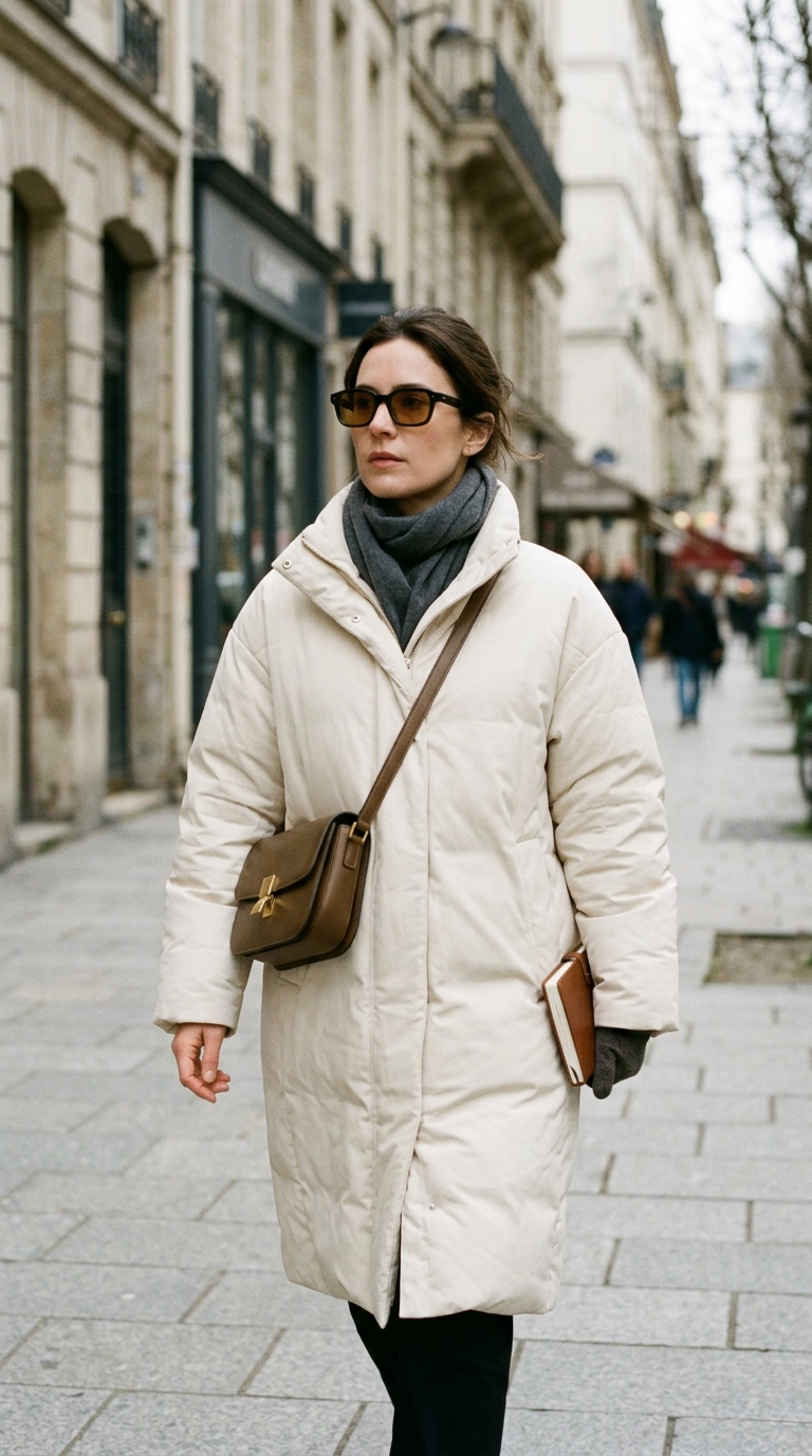 Photorealistic luxury editorial fashion street style, shot on 35mm lens, highly detailed, ultra-realistic, soft natural lighting, editorial aesthetic. A woman in a minimalist puffer coat with a neatly tucked cashmere scarf and sleek sunglasses, urban setting, no text or typography --ar 9:16