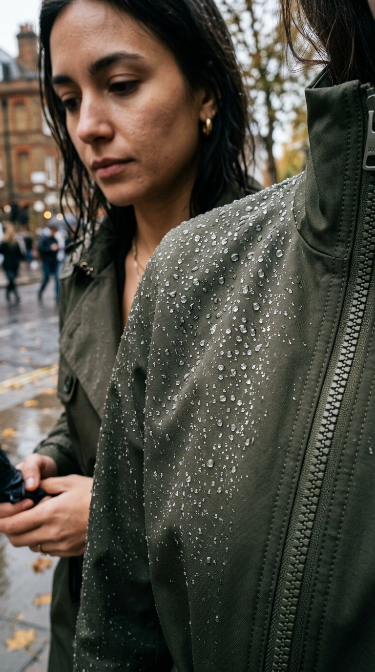 A detailed close-up of water droplets beading perfectly on a high-tech matte nylon luxury trench coat, photorealistic luxury editorial fashion street style, shot on 35mm lens, highly detailed, ultra-realistic, soft natural lighting, editorial aesthetic, no text --ar 9:16