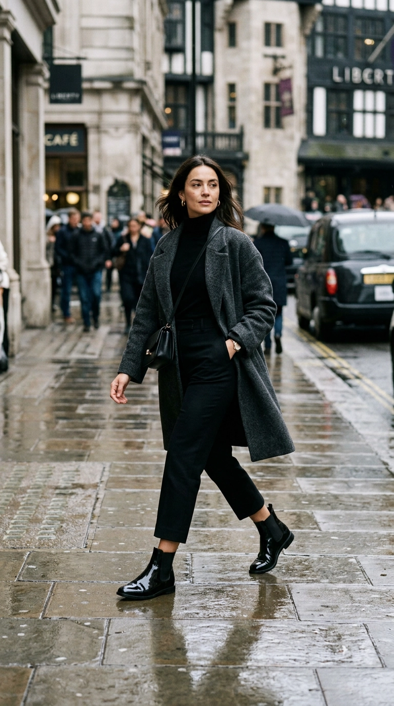 Full body shot of a woman in perfectly tailored cropped black wool trousers and sleek patent leather boots, walking elegantly on a wet city sidewalk, photorealistic luxury editorial fashion street style, shot on 35mm lens, highly detailed, ultra-realistic, soft natural lighting, editorial aesthetic, no text --ar 9:16