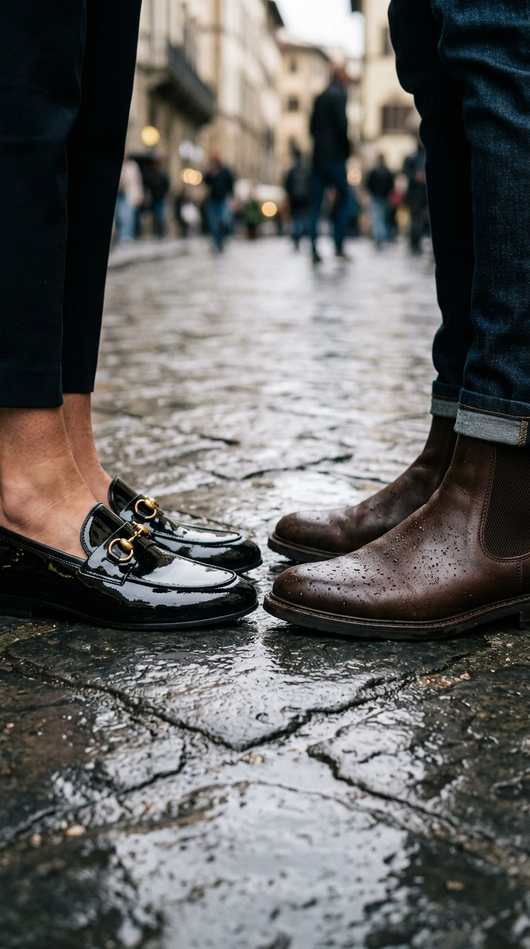 Extreme close-up of luxury patent leather loafers and high-quality waterproof Chelsea boots on a wet stone pavement, photorealistic luxury editorial fashion street style, shot on 35mm lens, highly detailed, ultra-realistic, soft natural lighting, editorial aesthetic, no text --ar 9:16