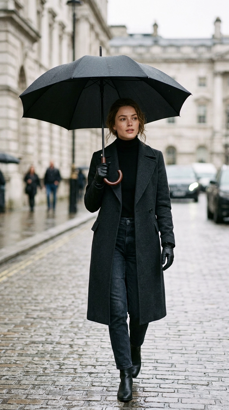 A woman holding a high-end, architectural black umbrella with a wooden handle, wearing matching black leather gloves, photorealistic luxury editorial fashion street style, shot on 35mm lens, highly detailed, ultra-realistic, soft natural lighting, editorial aesthetic, no text --ar 9:16
