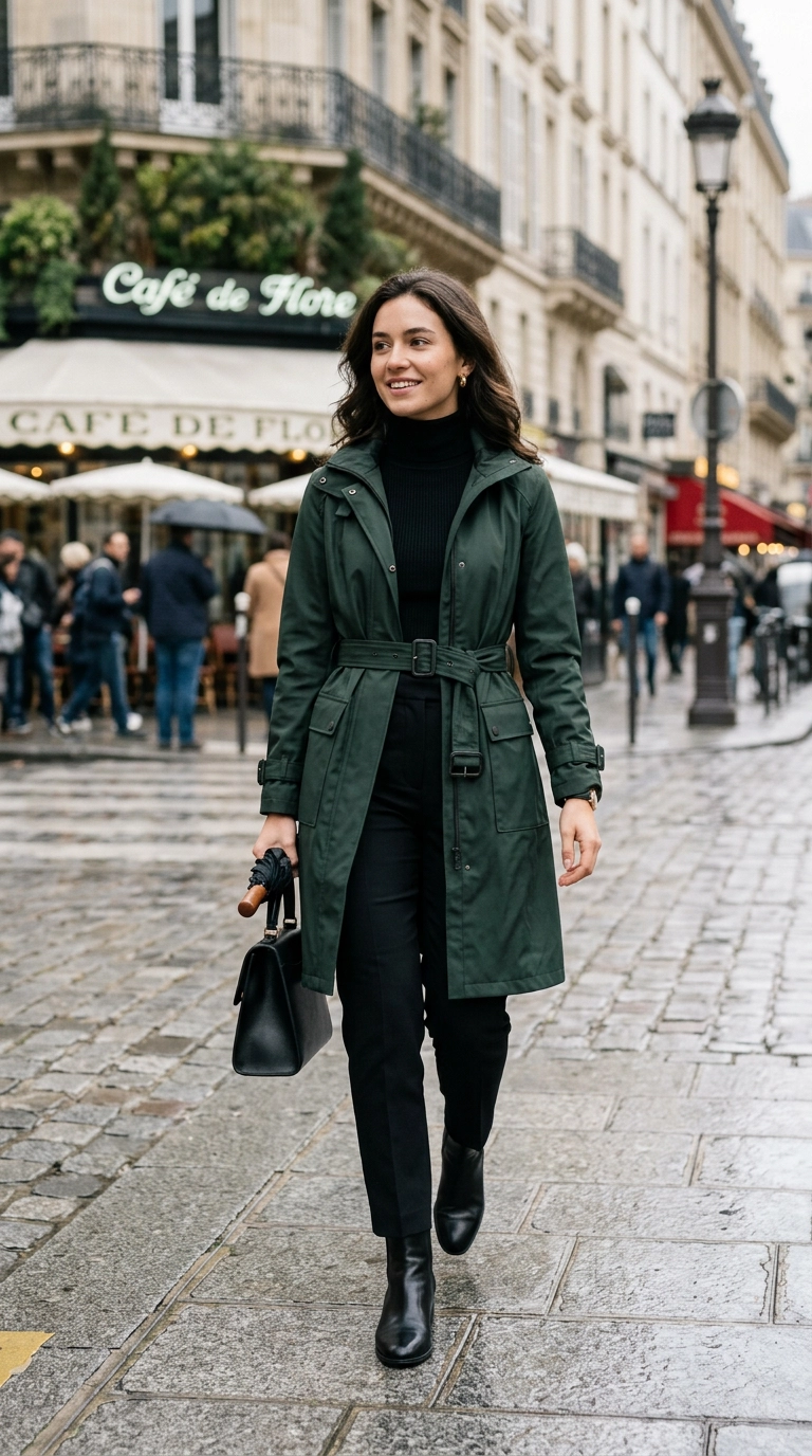 A woman wearing a sophisticated cinched-waist waterproof coat over a slim turtleneck, sharp silhouette, photorealistic luxury editorial fashion street style, shot on 35mm lens, highly detailed, ultra-realistic, soft natural lighting, editorial aesthetic, no text --ar 9:16