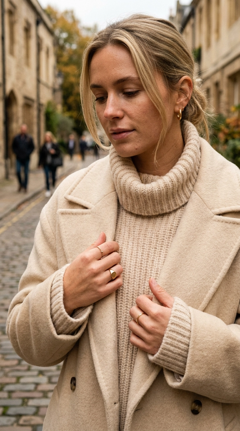 Close-up of high-quality wool and cashmere textures in a creamy beige palette, reflecting luxury and warmth. Photorealistic luxury editorial fashion street style, shot on 35mm lens, highly detailed, ultra-realistic, soft natural lighting, editorial aesthetic, no text. --ar 9:16