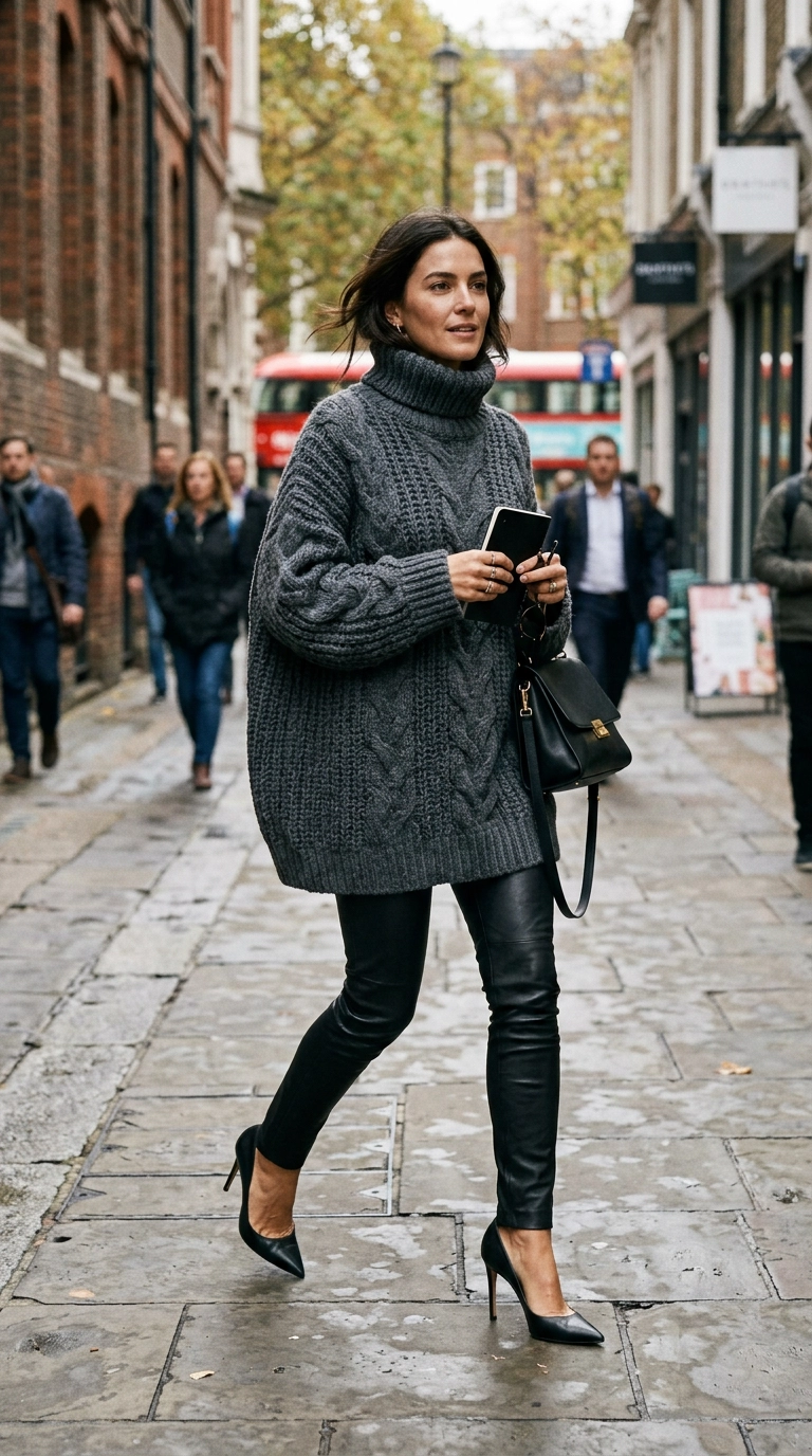 A full-body shot of a fashion editor wearing a massive chunky charcoal sweater balanced with slim-fit leather trousers and pointed heels. Photorealistic luxury editorial fashion street style, shot on 35mm lens, highly detailed, ultra-realistic, soft natural lighting, editorial aesthetic, city street background, no text. --ar 9:16
