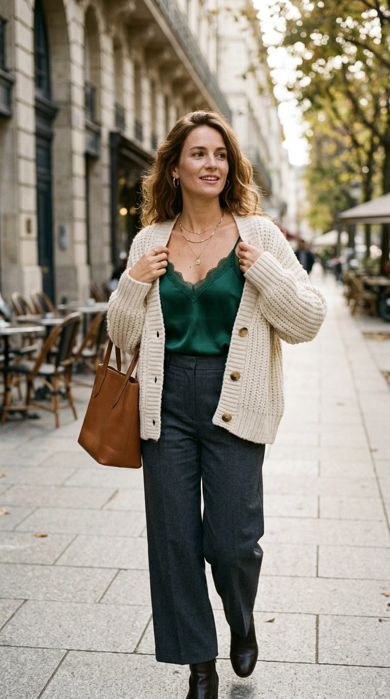 A woman elegantly layering a thin silk camisole under a heavy open-knit cardigan, showing a glimpse of the refined under-layer. Photorealistic luxury editorial fashion street style, shot on 35mm lens, highly detailed, ultra-realistic, soft natural lighting, editorial aesthetic, no text. --ar 9:16