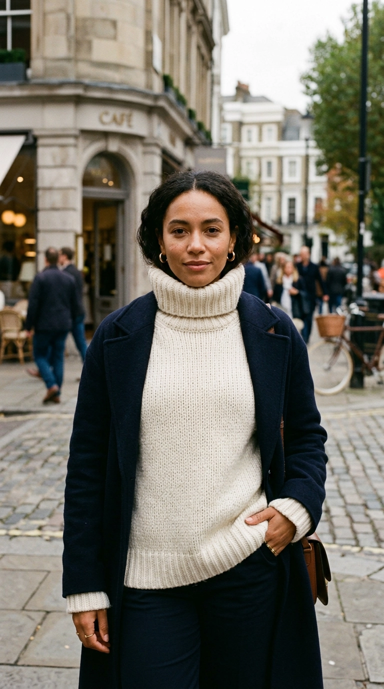 A woman wearing a chunky turtleneck with minimalist gold hoop earrings and her hair tucked into the collar. Photorealistic luxury editorial fashion street style, shot on 35mm lens, highly detailed, ultra-realistic, soft natural lighting, editorial aesthetic, no text. --ar 9:16