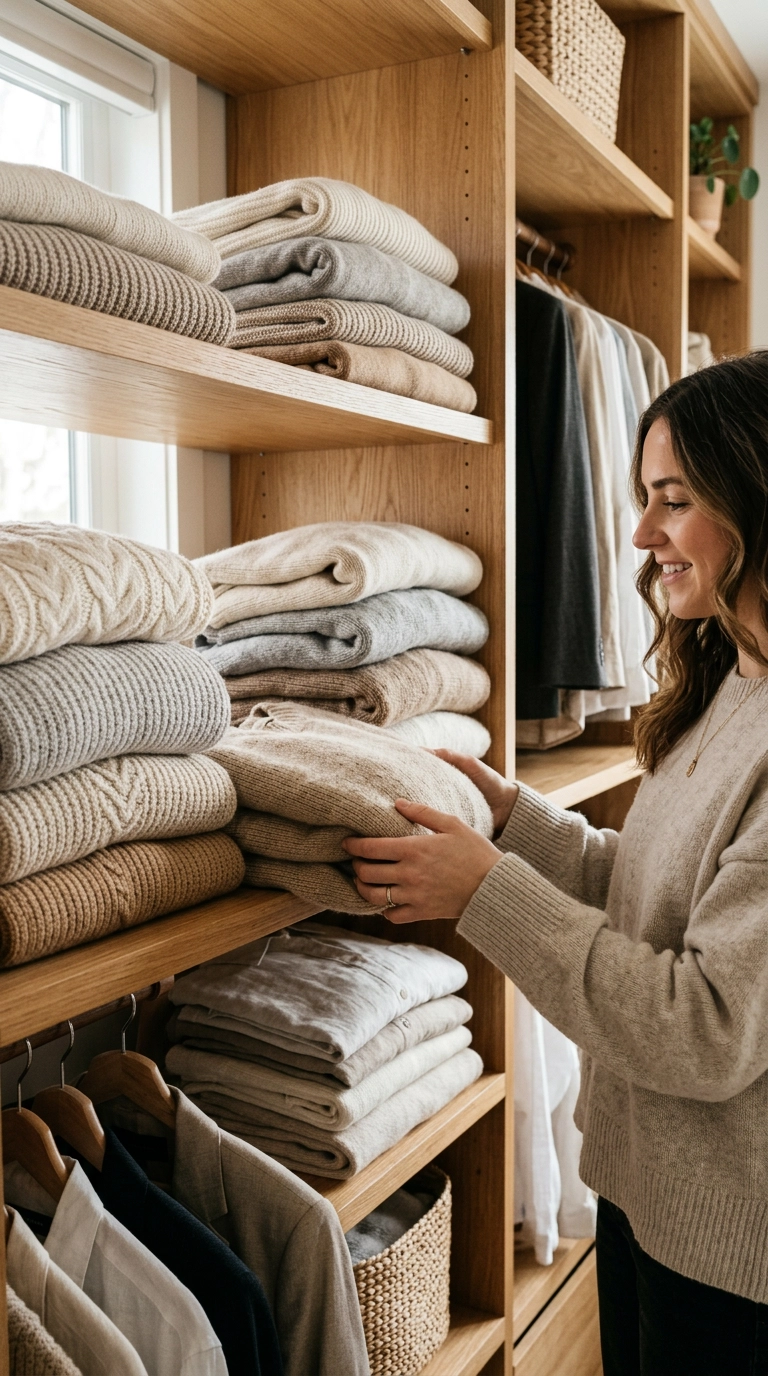 A beautifully organized closet shelf with neatly folded thick sweaters in neutral tones. Photorealistic luxury editorial fashion street style, shot on 35mm lens, highly detailed, ultra-realistic, soft natural lighting, editorial aesthetic, no text. --ar 9:16