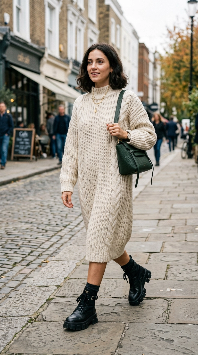 A street style shot focusing on chunky lug-sole boots paired with a heavy knit dress. Photorealistic luxury editorial fashion street style, shot on 35mm lens, highly detailed, ultra-realistic, soft natural lighting, editorial aesthetic, no text. --ar 9:16