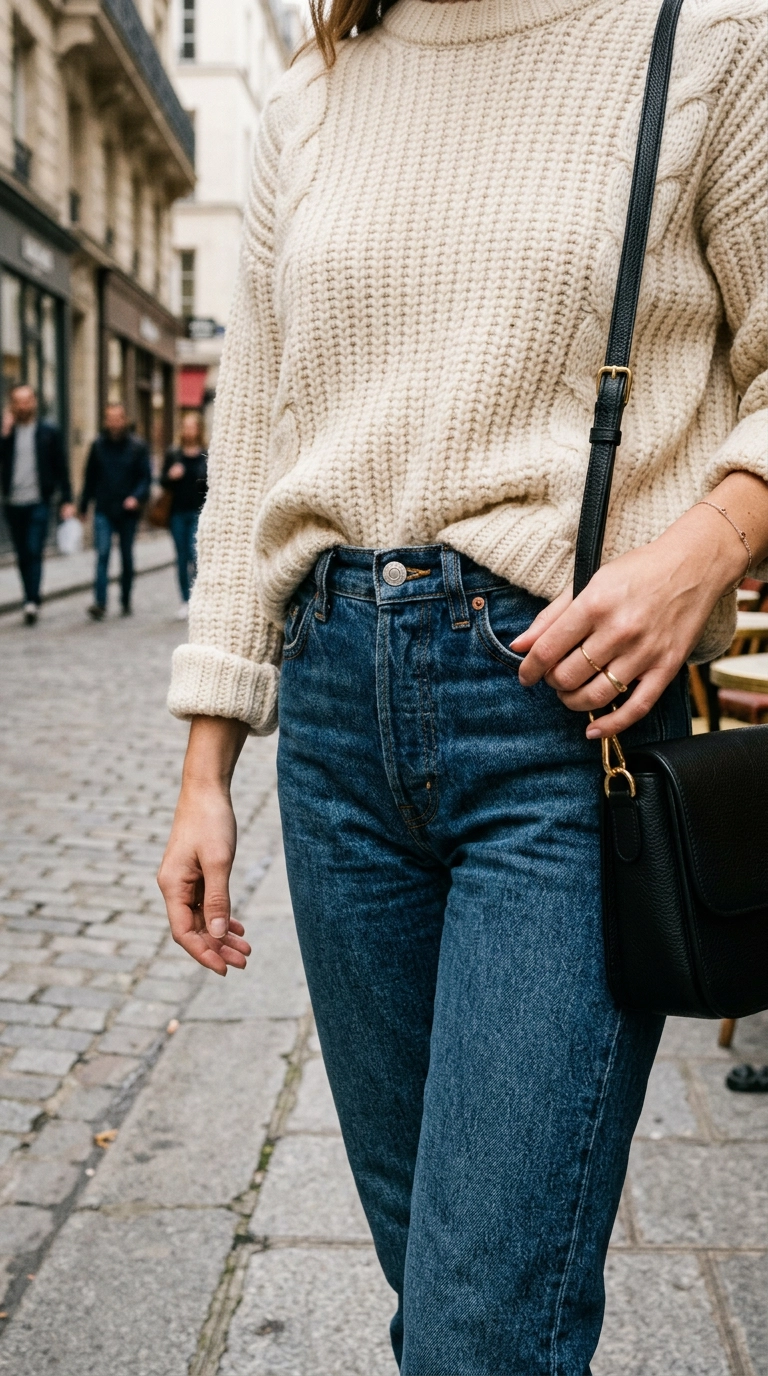 Close-up of a woman's waist showing a perfect French tuck of a thick knit into high-waisted denim. Photorealistic luxury editorial fashion street style, shot on 35mm lens, highly detailed, ultra-realistic, soft natural lighting, editorial aesthetic, no text. --ar 9:16