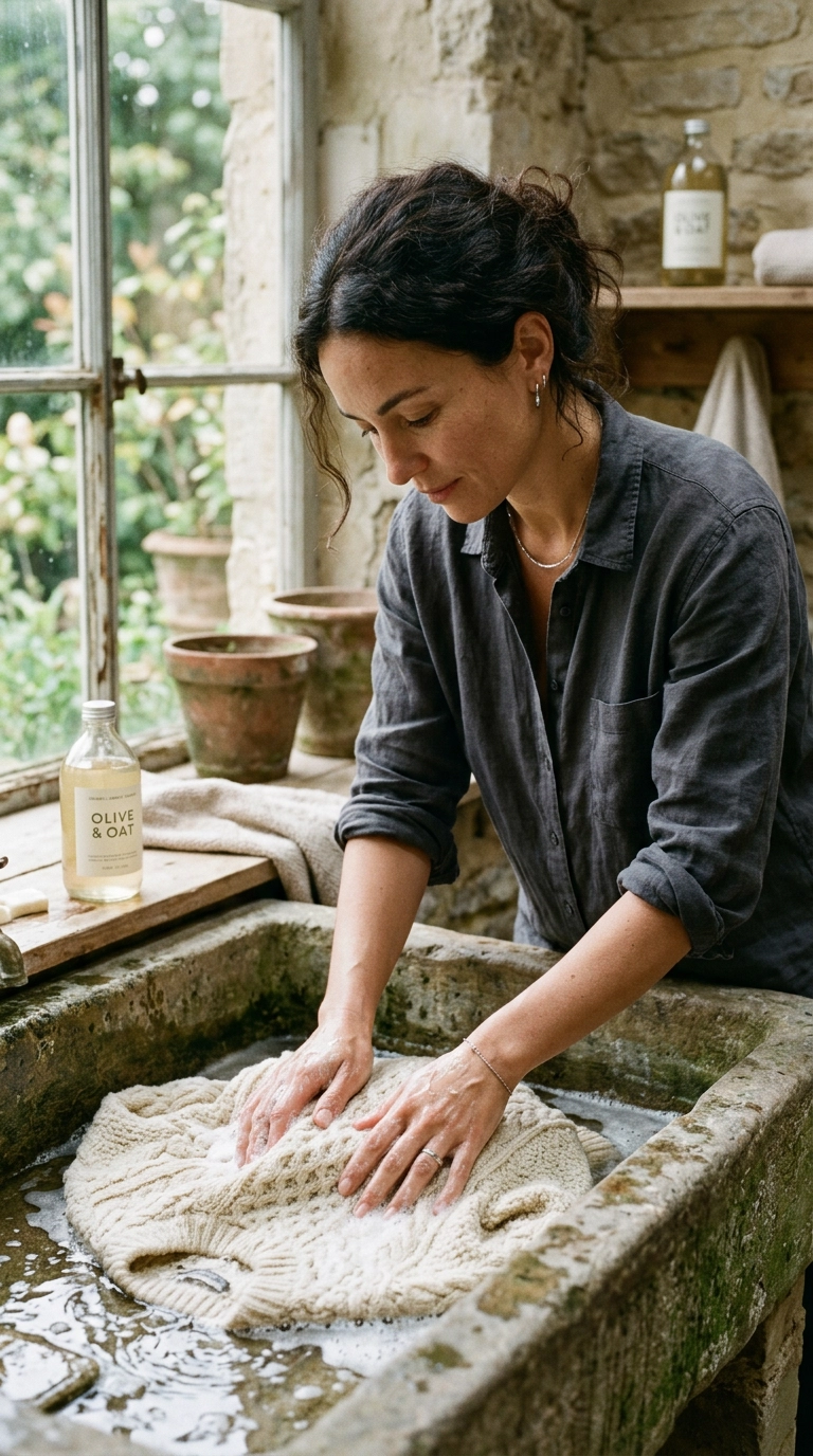 A woman gently hand-washing a sweater in a stone basin, focusing on careful garment care. Photorealistic luxury editorial fashion street style, shot on 35mm lens, highly detailed, ultra-realistic, soft natural lighting, editorial aesthetic, no text. --ar 9:16