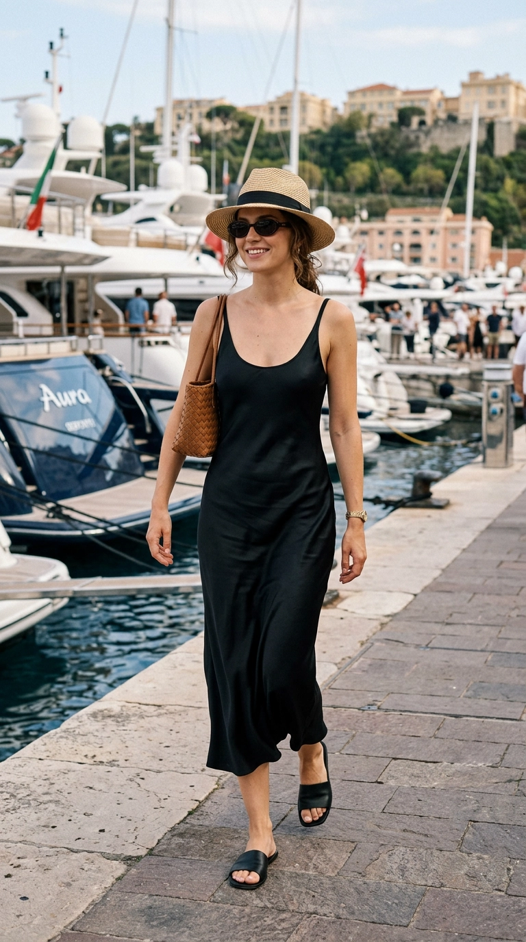 A full-body street style shot of a woman in a sleek silk slip dress, wearing a modest straw Panama hat and perfectly scaled mid-sized sunglasses, walking near a luxury marina, photorealistic luxury editorial fashion street style, shot on 35mm lens, highly detailed, ultra-realistic, soft natural lighting, editorial aesthetic, no text or typography --ar 9:16