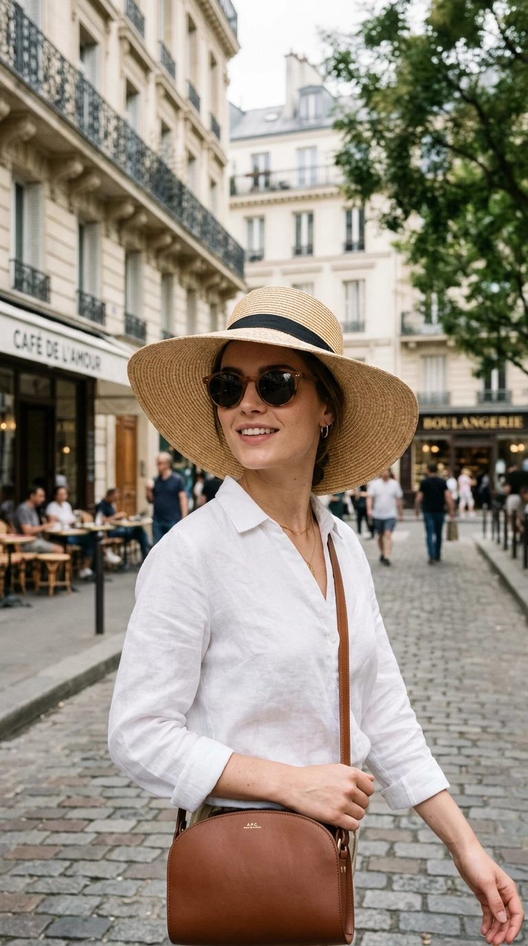 A close-up editorial shot of a model with a square jawline wearing soft rounded sunglasses and a wide-brim floppy sun hat, Parisian street background, photorealistic luxury editorial fashion street style, shot on 35mm lens, highly detailed, ultra-realistic, soft natural lighting, editorial aesthetic, no text or typography --ar 9:16
