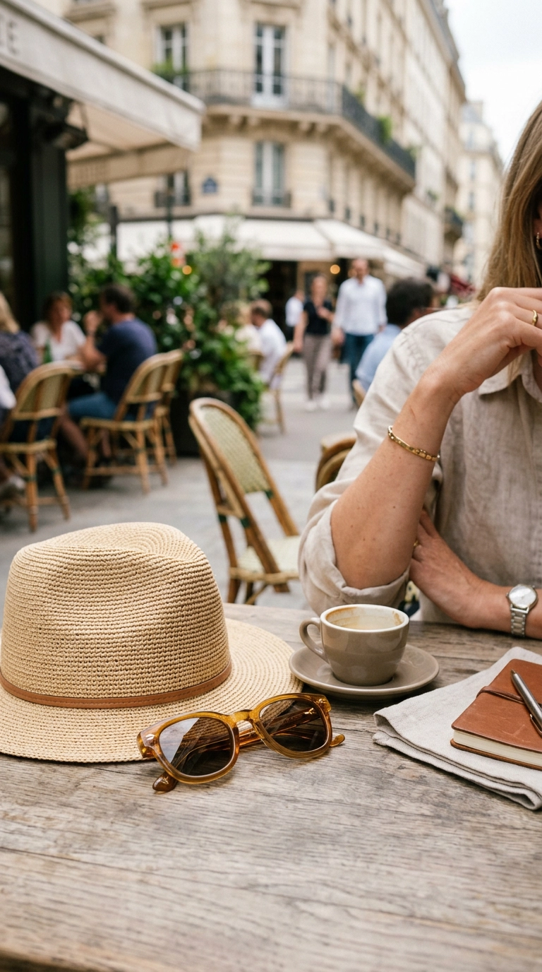 A detailed shot of high-quality accessories resting on a cafe table, a fine-weave raffia hat next to premium acetate sunglasses with gold hardware, photorealistic luxury editorial fashion street style, shot on 35mm lens, highly detailed, ultra-realistic, soft natural lighting, editorial aesthetic, no text or typography --ar 9:16