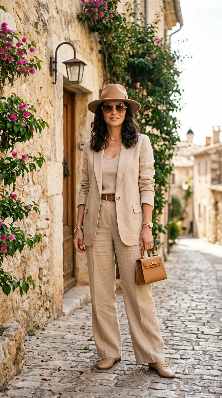A chic woman wearing a monochromatic beige outfit with a matching tan hat and brown-tinted sunglasses, standing against a Mediterranean stone wall, photorealistic luxury editorial fashion street style, shot on 35mm lens, highly detailed, ultra-realistic, soft natural lighting, editorial aesthetic, no text or typography --ar 9:16
