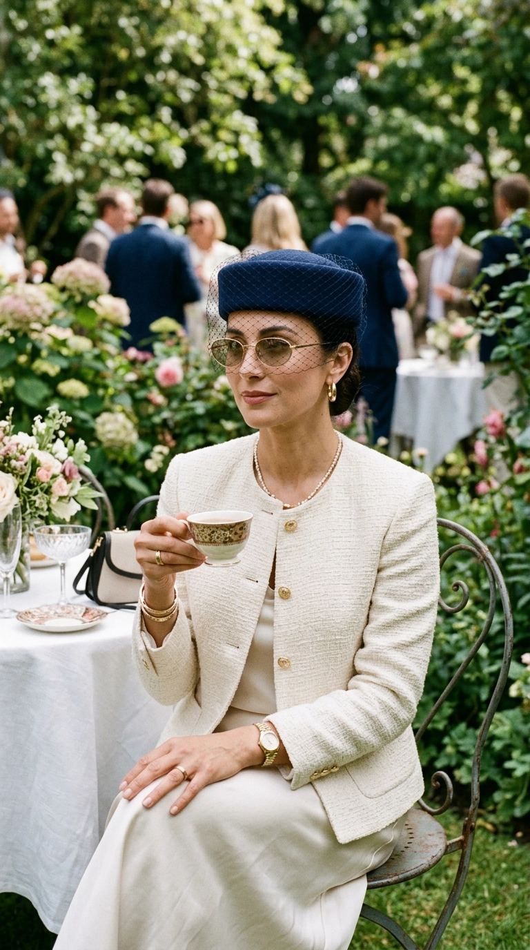 A sophisticated woman at a garden party wearing a structured pillbox hat with a veil and delicate wire-frame sunglasses, photorealistic luxury editorial fashion street style, shot on 35mm lens, highly detailed, ultra-realistic, soft natural lighting, editorial aesthetic, no text or typography --ar 9:16
