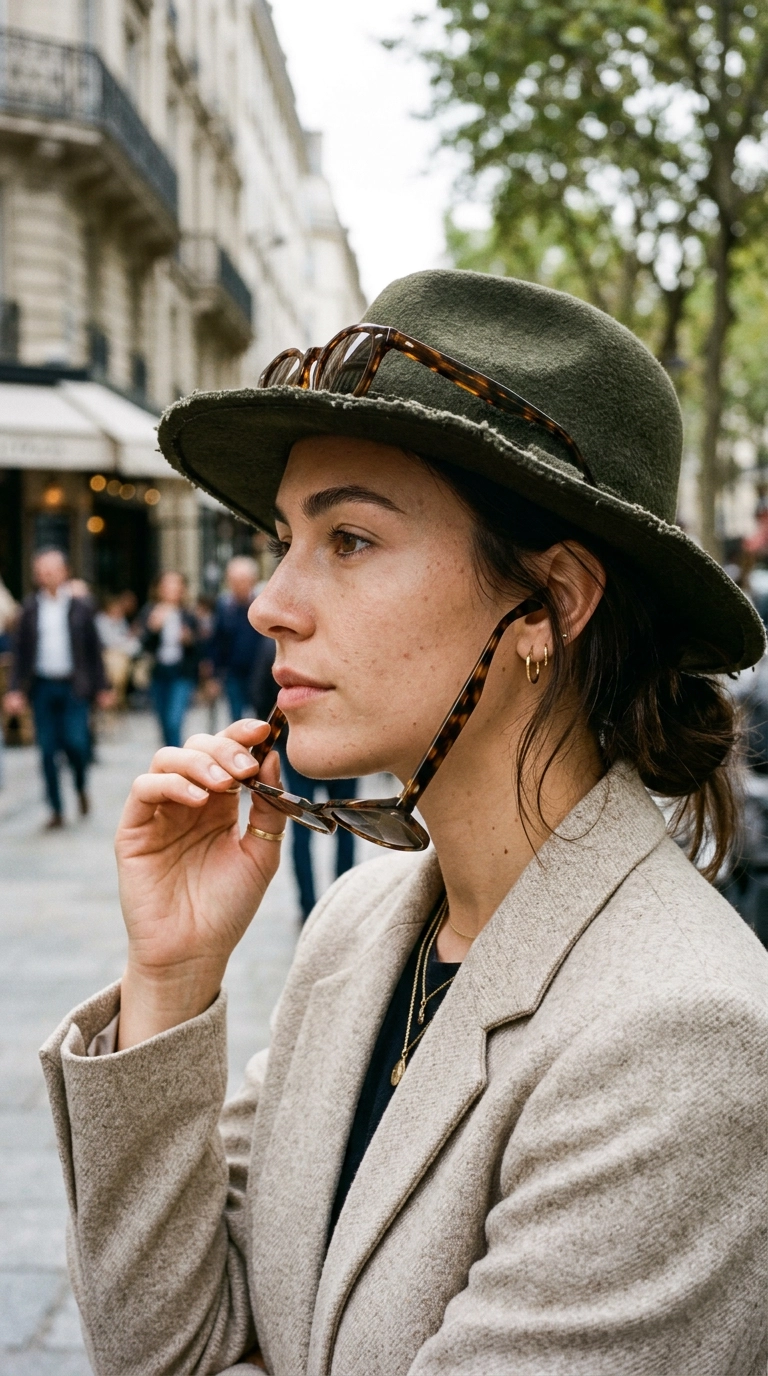 A close-up of a woman's profile, her sunglasses sitting just below the brim of her hat, showing a clean brow line, photorealistic luxury editorial fashion street style, shot on 35mm lens, highly detailed, ultra-realistic, soft natural lighting, editorial aesthetic, no text or typography --ar 9:16