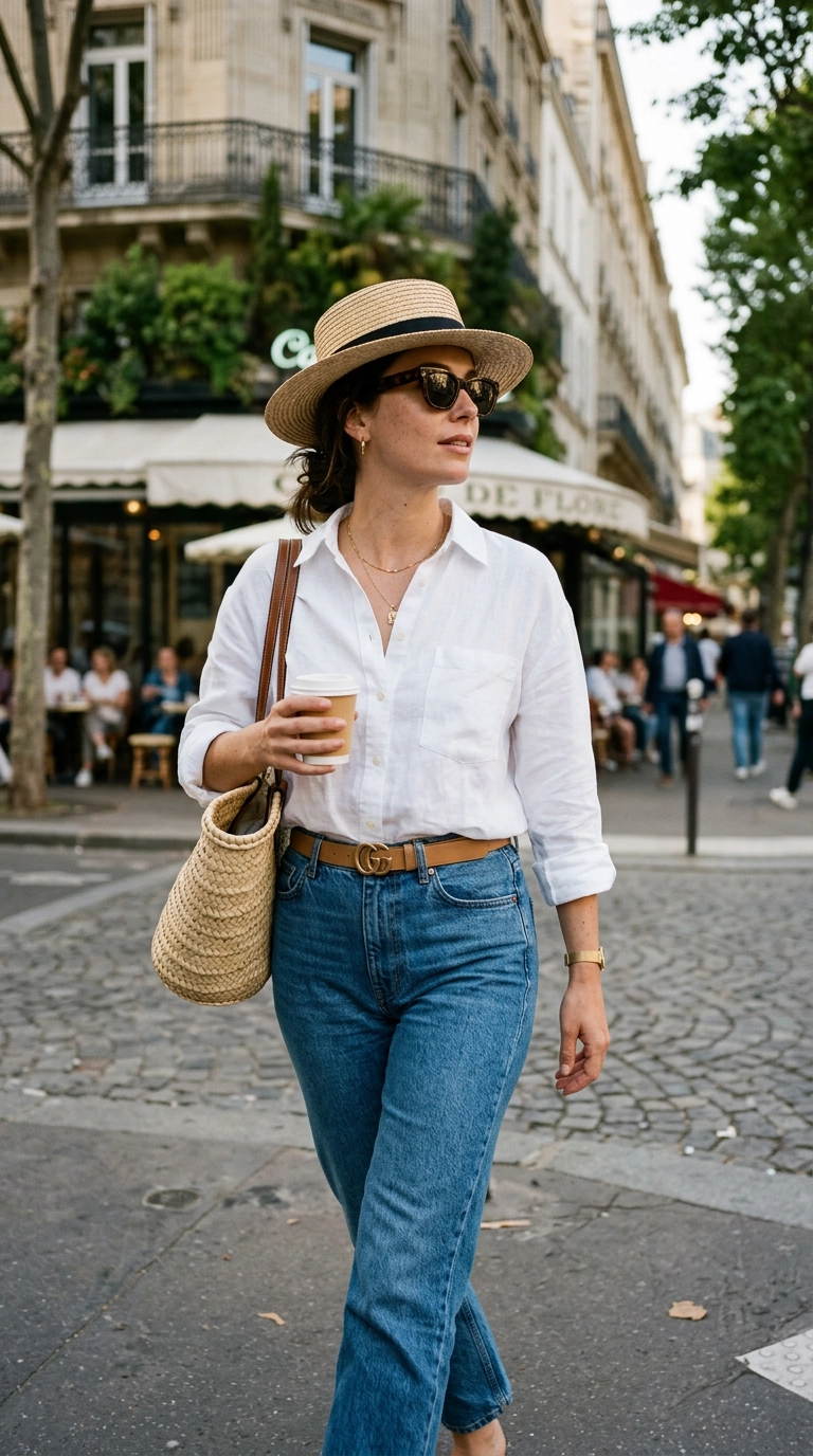 A woman wearing a simple straw hat and sleek sunglasses, with minimal jewelry, looking effortlessly chic, photorealistic luxury editorial fashion street style, shot on 35mm lens, highly detailed, ultra-realistic, soft natural lighting, editorial aesthetic, no text or typography --ar 9:16