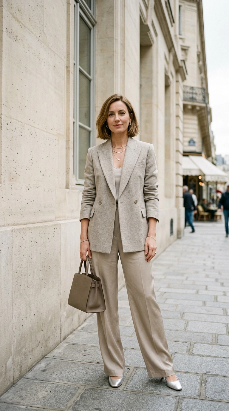A sophisticated woman standing against a minimalist limestone building, wearing a structured cool-toned oatmeal wool blazer and silk trousers, her jewelry is silver and delicate. Photorealistic luxury editorial fashion street style, shot on 35mm lens, highly detailed, ultra-realistic, soft natural lighting, editorial aesthetic. No text or typography. --ar 9:16