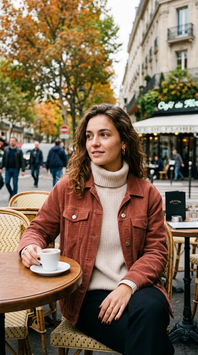 A model wearing a muted rust-colored corduroy jacket and a cream turtleneck, sitting at an outdoor Parisian cafe with autumn leaves in the background. Photorealistic luxury editorial fashion street style, shot on 35mm lens, highly detailed, ultra-realistic, soft natural lighting, editorial aesthetic. No text or typography. --ar 9:16