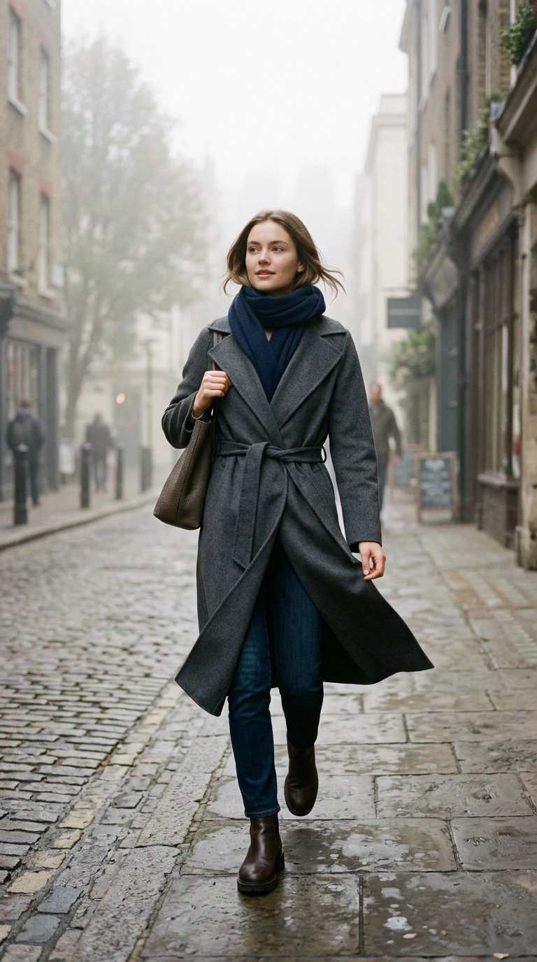 A full-body shot of a model with soft features wearing a charcoal grey cashmere wrap coat and deep navy scarf, walking through a misty morning street. Photorealistic luxury editorial fashion street style, shot on 35mm lens, highly detailed, ultra-realistic, soft natural lighting, editorial aesthetic. No text or typography. --ar 9:16