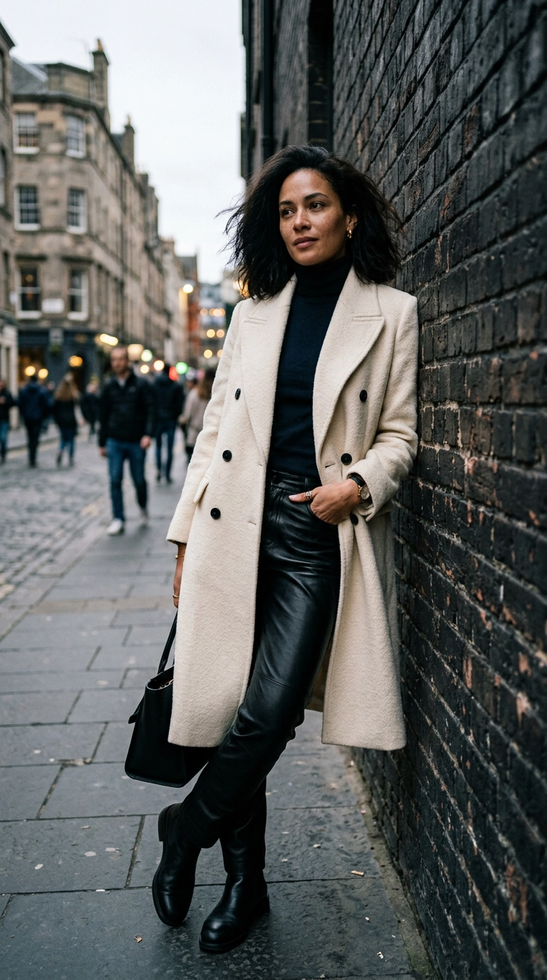 A high-contrast look featuring a woman with dark hair wearing a cream coat and black leather trousers, leaning against a dark brick wall. Photorealistic luxury editorial fashion street style, shot on 35mm lens, highly detailed, ultra-realistic, soft natural lighting, editorial aesthetic. No text or typography. --ar 9:16