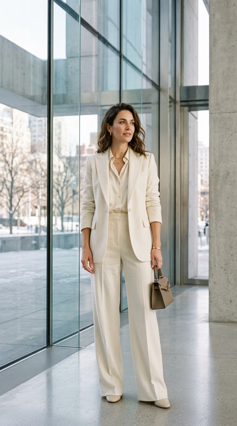 An elegant woman in a winter white wool suit and cream silk blouse, standing in a brightly lit architectural space with glass windows. Photorealistic luxury editorial fashion street style, shot on 35mm lens, highly detailed, ultra-realistic, soft natural lighting, editorial aesthetic. No text or typography. --ar 9:16