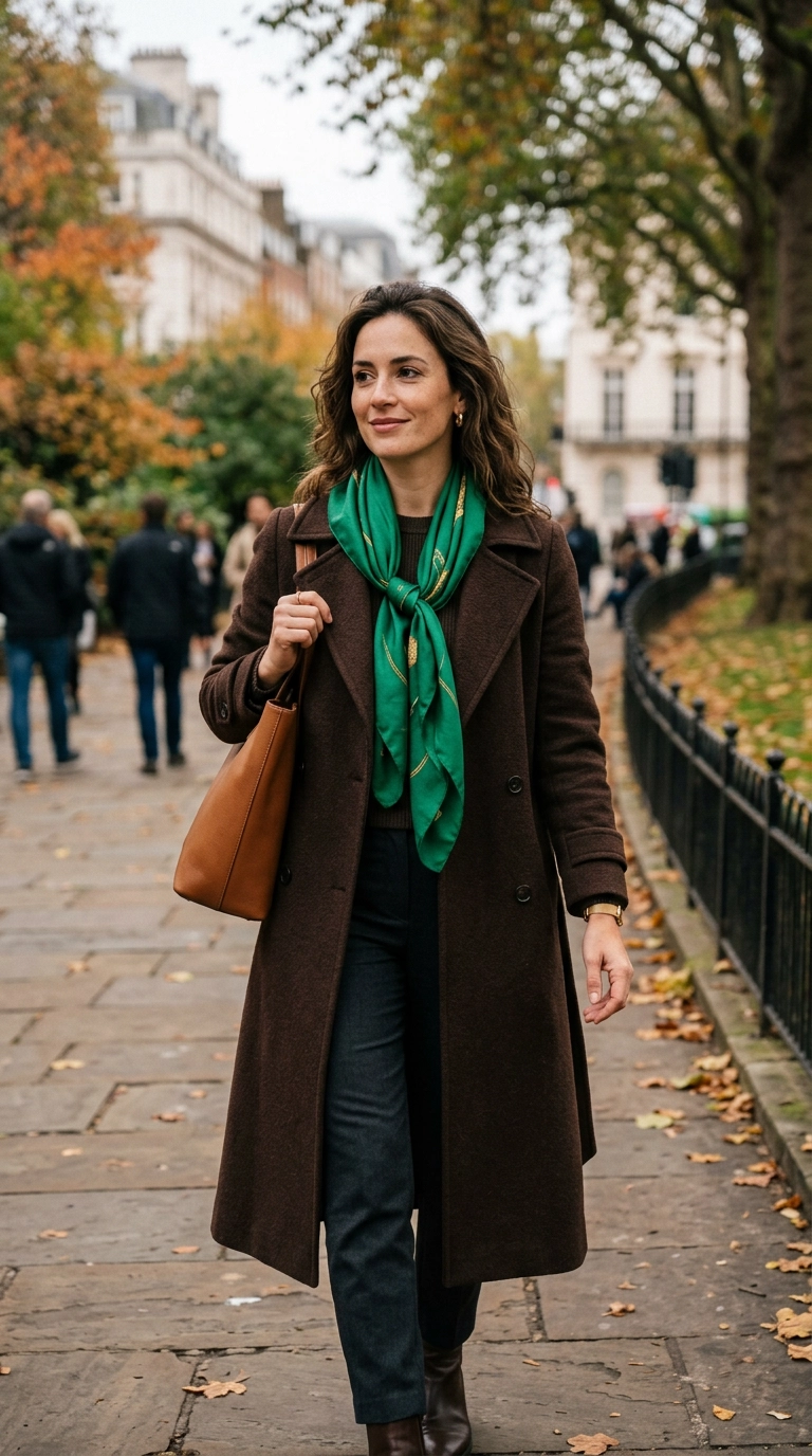 A woman wearing a vibrant emerald green silk scarf over a dark chocolate brown coat, standing in a city park. Photorealistic luxury editorial fashion street style, shot on 35mm lens, highly detailed, ultra-realistic, soft natural lighting, editorial aesthetic. No text or typography. --ar 9:16