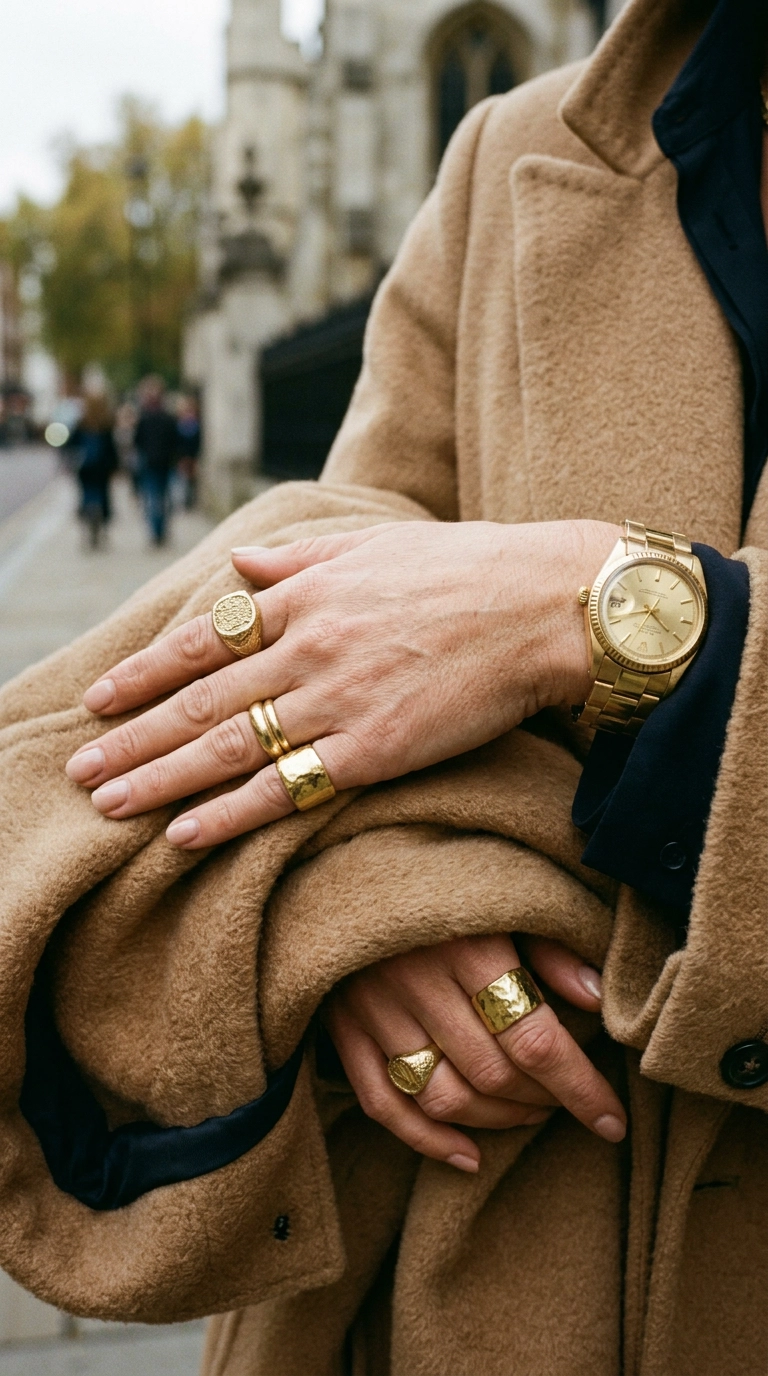 A close-up detail shot of a woman's hand resting on a camel hair coat sleeve, wearing heavy gold rings and a gold watch. Photorealistic luxury editorial fashion street style, shot on 35mm lens, highly detailed, ultra-realistic, soft natural lighting, editorial aesthetic. No text or typography. --ar 9:16