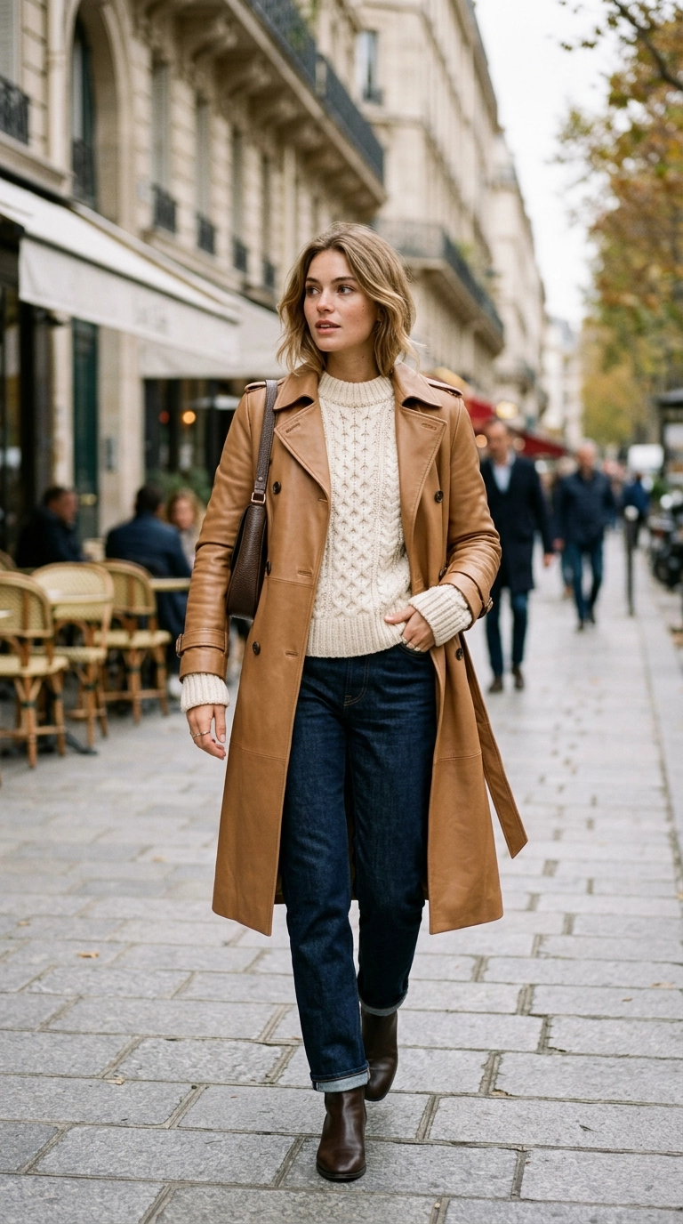 A detailed shot of a model wearing a chunky knit cream sweater layered under a smooth camel leather trench coat. Photorealistic luxury editorial fashion street style, shot on 35mm lens, highly detailed, ultra-realistic, soft natural lighting, editorial aesthetic. No text or typography. --ar 9:16