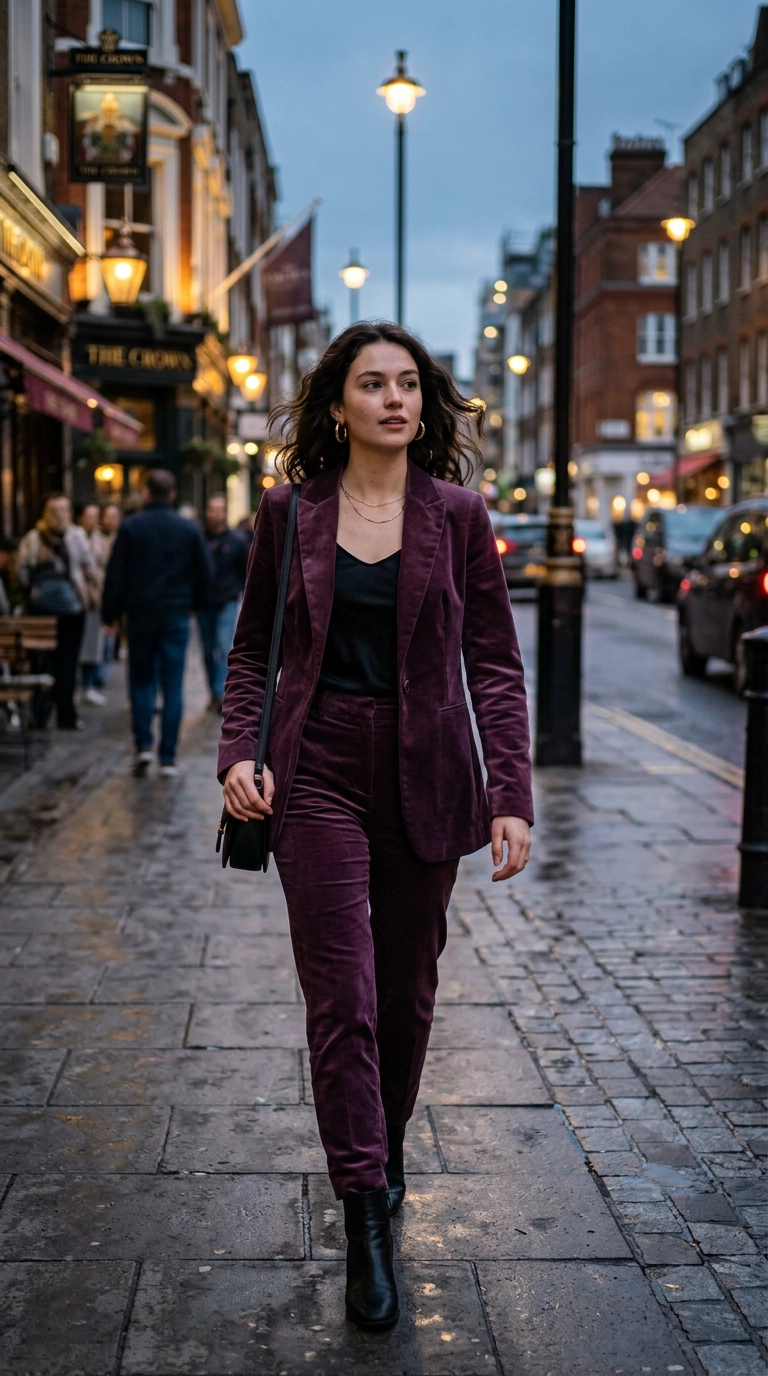 A model in a deep, cool-toned plum velvet blazer with matching trousers, walking through an urban setting at twilight. Photorealistic luxury editorial fashion street style, shot on 35mm lens, highly detailed, ultra-realistic, soft natural lighting, editorial aesthetic. No text or typography. --ar 9:16