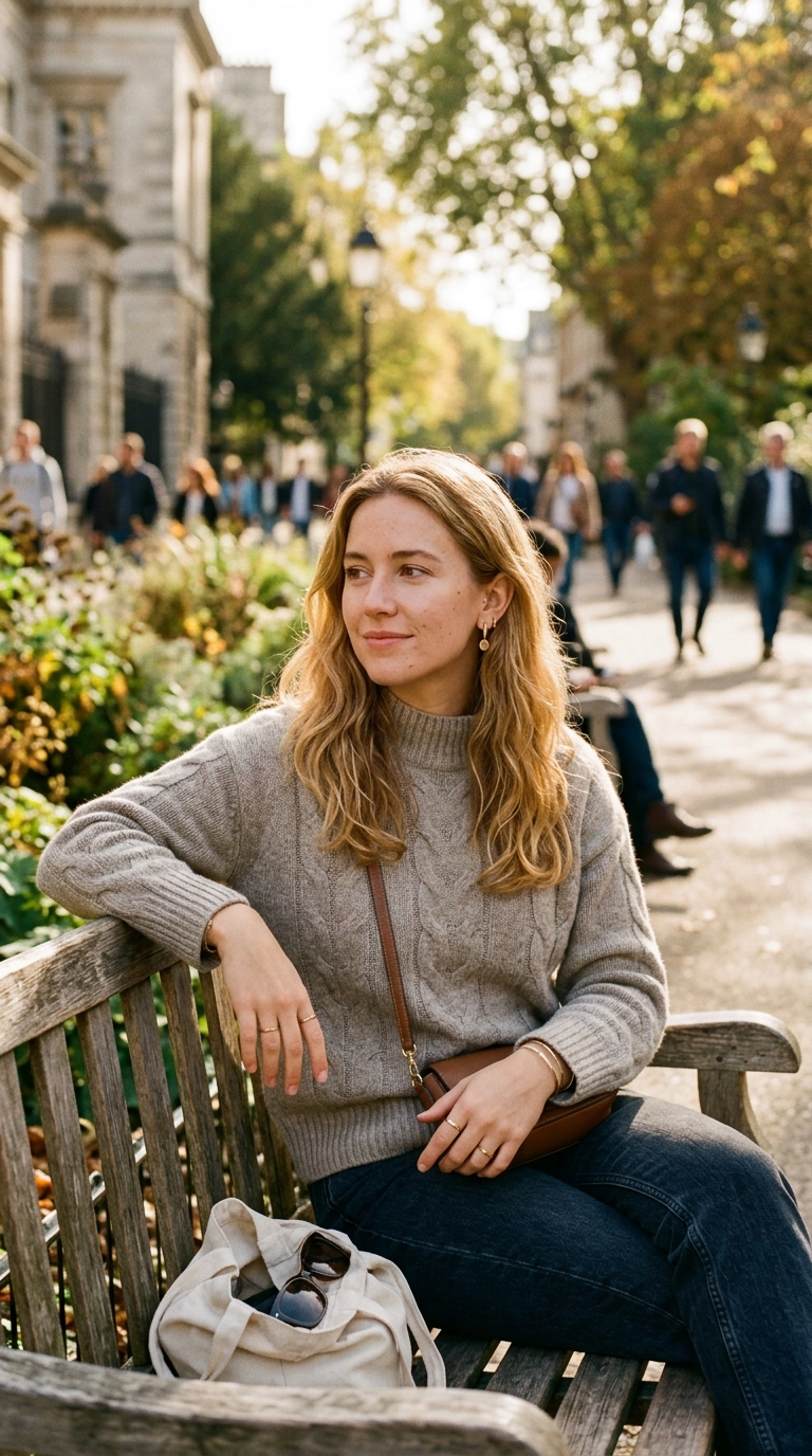 A woman with warm golden-blonde hair wearing a warm oat-grey knit sweater and gold earrings, sitting on a sunlit bench. Photorealistic luxury editorial fashion street style, shot on 35mm lens, highly detailed, ultra-realistic, soft natural lighting, editorial aesthetic. No text or typography. --ar 9:16