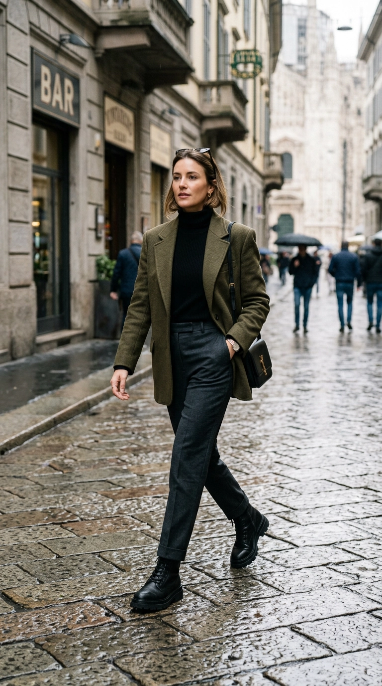 Full body street style shot of a woman in Milan wearing chunky lug-sole black leather boots paired with tailored wool trousers, walking confidently on a wet cobblestone street, photorealistic luxury editorial fashion street style, shot on 35mm lens, highly detailed, ultra-realistic, soft natural lighting, editorial aesthetic, no text or typography --ar 9:16